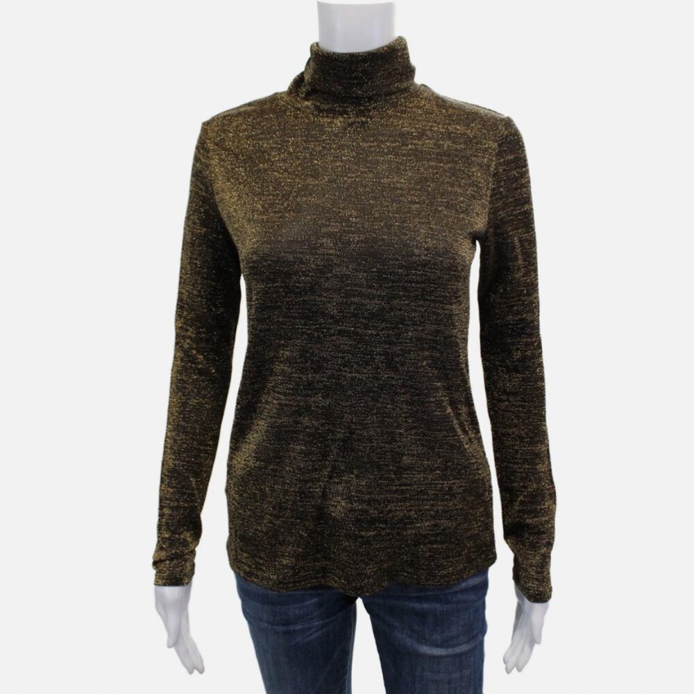 Rachel Zoe Womens Turtleneck Long Sleeve Blouse Top Glittery Gold L